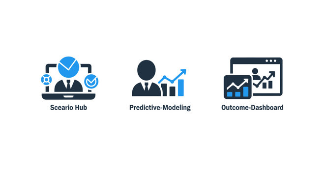 Business analytics and predictive modeling vector icons set in blue and black colors with analytics predictive modeling dashboard business statistics collection interface technology corporate
