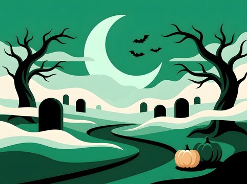 Spooky halloween landscape with a crescent moon bare trees and gravestones in a vector illustration
