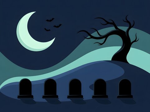 Spooky halloween landscape with crescent moon bare tree tombstones and bats in a vector illustration