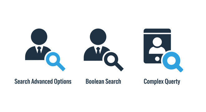 Advanced search options boolean query and complex search interface icon set isolated on white background with interface magnifier advanced information retrieval technology software application