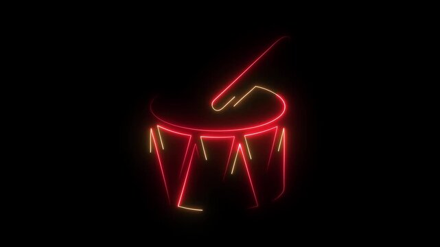 Glowing red neon drum icon animation looping on black background for music festival concert theme