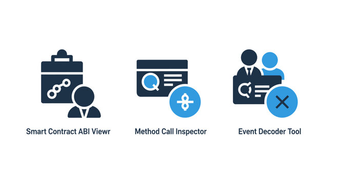 Smart contract abi view method call inspector and event decoder tool blockchain icon set with contract inspector blockchain cryptocurrency transaction analysis technology software application