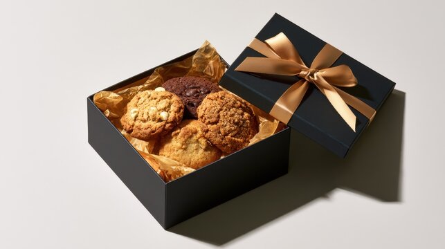 Assorted gourmet cookies in a black gift box with a gold ribbon on a neutral background. Perfect for holiday food gifts and celebration concepts.