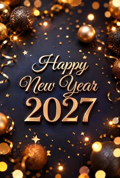 Happy new year 2027 greeting card with golden shiny decoration baubles and glowing bokeh lights on a dark black background for a festive holiday celebration and party invitation