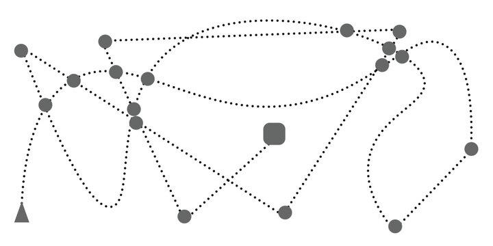 Abstract dotted path network vector, minimalist dashed line connection map with nodes, geometric route tracking illustration, grey logistics and data flow diagram on white background
