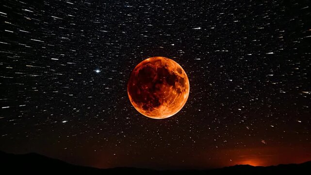 Moon eclipse with star trails night sky timelapse cinematic space and astronomy background, lunar eclipse
