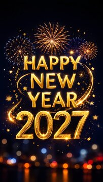 Happy new year 2027 golden text sign with bright colorful fireworks explosions in the dark night sky for festive holiday celebration greeting card design and banner background