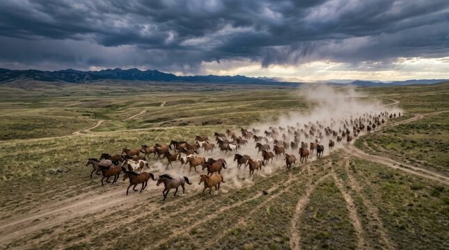 A large herd of wild mustangs galloping across the vast dry prairie under a dramatic stormy sky.