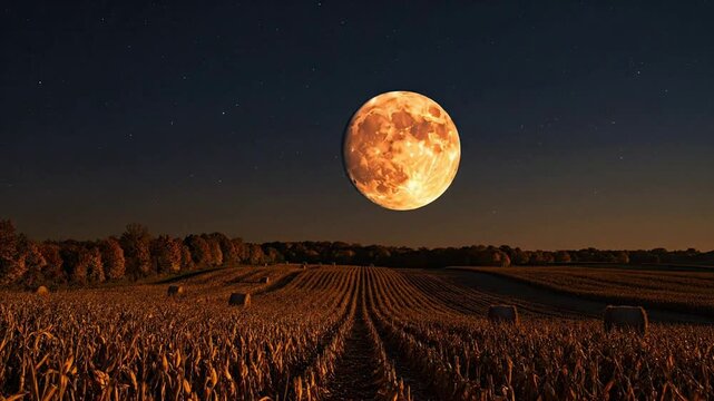 Full moon rising over harvest corn field at night: cinematic rural landscape with hay bales and starry sky
