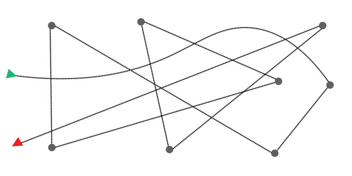 Abstract process path vector, complex workflow diagram with nodes and arrows, tangled line art representing problem solving and strategy, messy journey concept for business logic