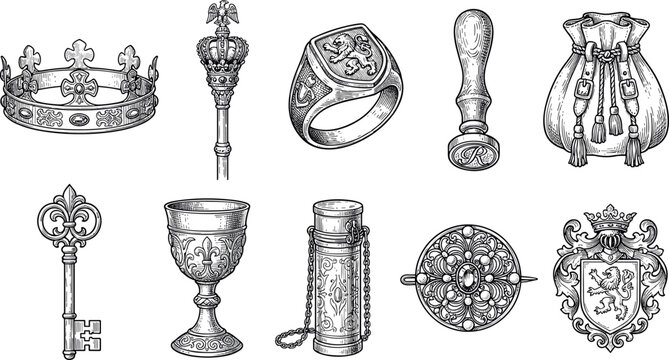 Vintage Royal and Medieval Regalia Vector Set with Hand Drawn Sketch Crown Scepter Ring Chalice Key and Heraldic Crest Icons for Luxury Branding Designs