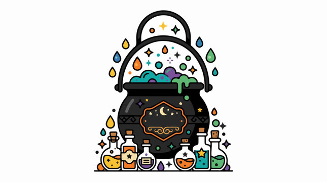Colorful Witch Cauldron with Potions and Magic Symbols