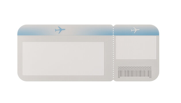 A clean minimal blank airline boarding pass mockup, isolated PNG, transparent background, horizontal ticket with rounded corners and subtle perforation line, modern neutral design with soft blue accen