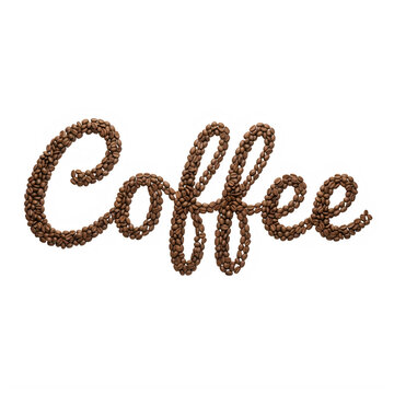 Word coffee written with roasted brown coffee beans in a cursive script font style