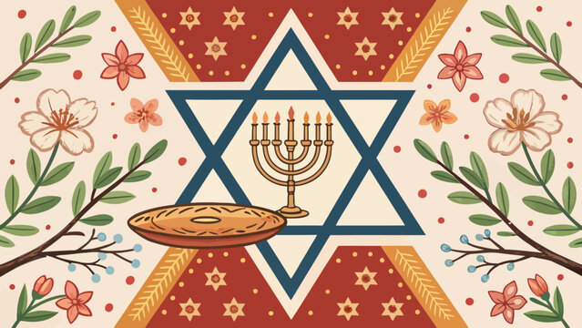 Traditional jewish holiday background featuring star of david menorah and floral decorative elements hanukkah tradition religion decoration illustration candelabrum celebration heritage