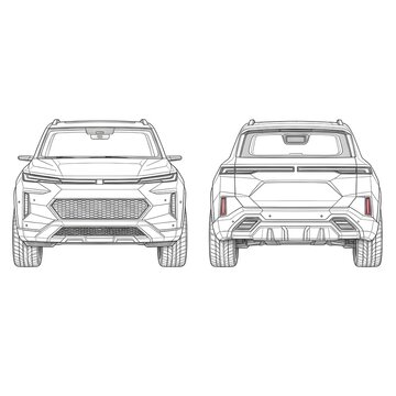Modern family SUV front and rear view flat sketch, technical automotive vector illustration
