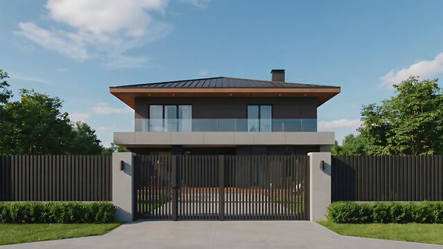 Modern Two Story House with Black Fence and Gate 0006