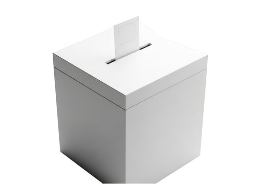 White ballot box with a paper vote being inserted isolated on transparent background
