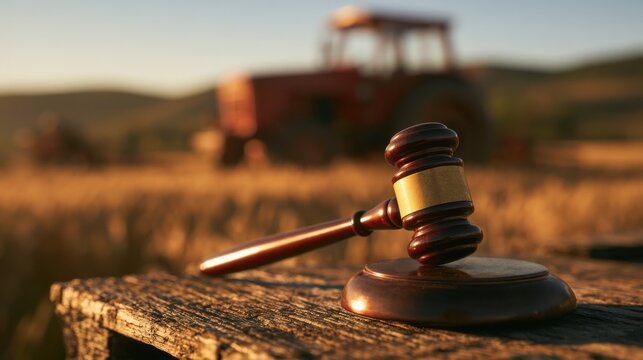A judge gavel rests on a wooden surface outdoors with a blurred farm tractor in the background at sunset. Perfect for agricultural law and rural policy concepts.
