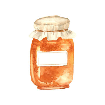 Hand painted watercolor illustration of a vintage jam jar filled with homemade fruit jam, isolated on a white background.