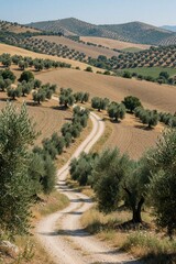 Obraz premium Winding dirt road through olive grove in Mediterranean countryside. Rolling hills with many trees cover vast agriculture landscape under blue sky. Rural farmland scenery in Spain Italy shows peaceful