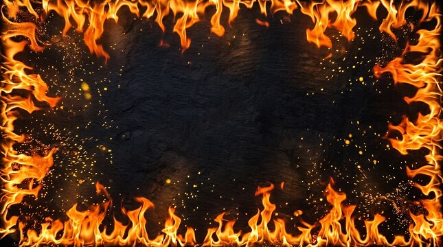 Blazing Fire Border with Glowing Orange and Radiant Yellow Ember Effects on Dark Surface Background fire flame border glowing orange yellow hot heat burn dark background abstract ember blaze warm