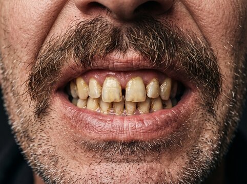 Yellow stained teeth of a smoker showing poor oral hygiene and decay.