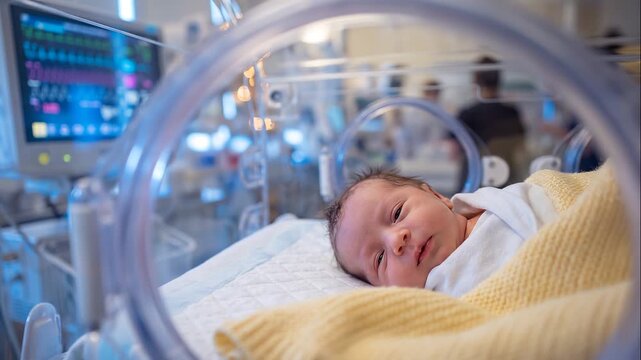 Newborn baby resting inside a transparent hospital incubator in a neonatal intensive care unit.	
