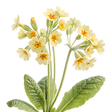 Beautiful bunch of yellow primrose spring flowers with green leaves isolated on transparent background