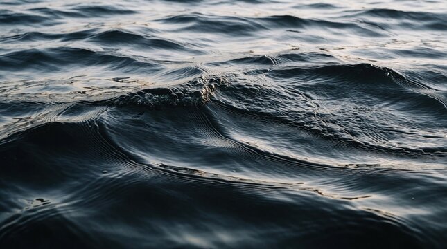 Dark water surface shows gentle waves and ripples. Closeup abstract view reveals fluid motion and liquid texture. Natural pattern forms subtle light and shadow contrast.