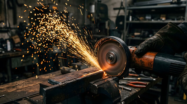 Industrial worker using electric angle grinder to cut metal in dark workshop, bright sparks flying from spinning wheel on steel bar held in vise, manual labor in professional garage.