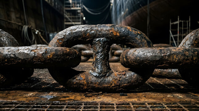 Heavy industrial rusty anchor chain link detail in dry dock shipyard, weathered metallic maritime equipment for large vessels, corrosion and grit texture, shipyard maintenance background.