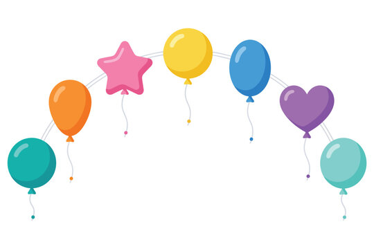 Colorful assorted balloons arching across white space during celebration event vector silhouette