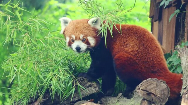 A red panda explores its surroundings amidst dense green foliage in its natural habitat. the scene highlights the vibrant fur and inquisitive nature of the creature, emphasizing themes of wildlife con