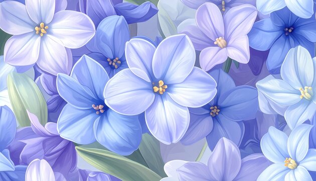Abundant clusters of vibrant blue and purple periwinkle blossoms create a lush texture filled with fragrant petals that bloom during the springtime season across a tranquil garden landscape