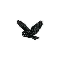 Fototapeta premium Minimalist black silhouette vector illustration of a barn owl flying in mid air with open wings