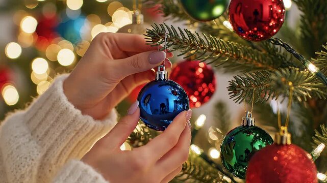 Manos femeninas cuelgan con delicadeza una bola azul mate en la rama de un &aacute;rbol de Navidad decorado e iluminado.