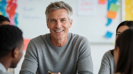 Obraz premium Mature caucasian man smiles during business meeting with diverse team. Pro leader talks to colleagues in modern office. Mentor discusses strategy, shares advice with coworkers. Group of people