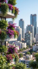 Naklejka premium Balconies overflow with colorful flowers, adding vibrant life to a modern city skyline. Plants cascades over railings, contrasting with tall buildings under a clear blue sky.