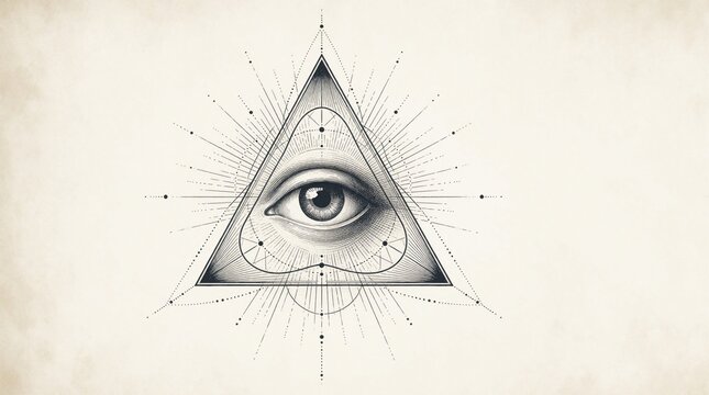 Mystic eye within triangle geometric pattern. Sacred symbol illustration represents spiritual awareness, secret knowledge, and occult wisdom. Use for esoteric or conspiracy themes.