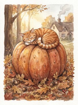 An orange cat sleeping on top of a giant pumpkin among dry leaves, warm cosy watercolor illustration style.