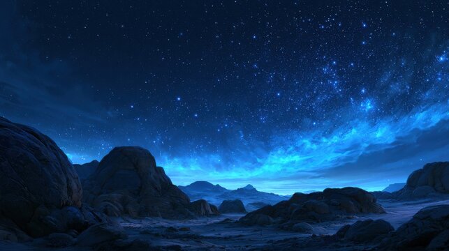 A starry night sky illuminates a desolate rocky alien landscape with bright blue starlight and glowing clouds. This otherworldly cosmic view is ideal for science fiction and.