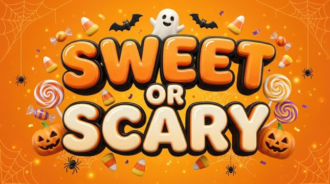 Sweet or scary halloween text with ghost pumpkin and bat decorations
