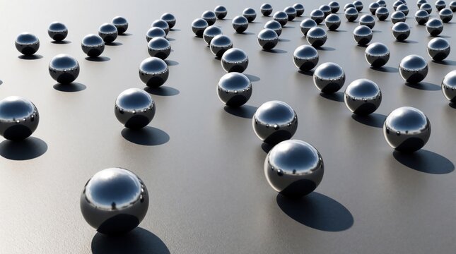 Shiny metallic spheres sit in ordered rows on flat surface. Smooth round objects reflect light and cast shadows creating visual pattern. This abstract composition suggests order and technology.