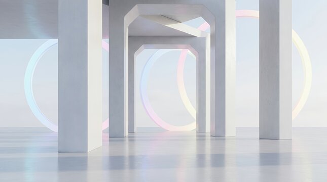 Futuristic Minimalist Architectural Scene with White Pillar Geometry and Gentle Pastel Accent Rings Background abstract architecture minimalist background columns cylindrical pillars geometric pastel