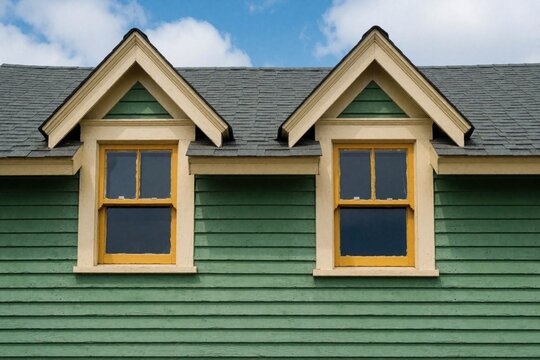 Two vintage green clapboard house windows with yellow trim sit under gable dormers. A blue sky with clouds forms background. Classic home exterior detail.