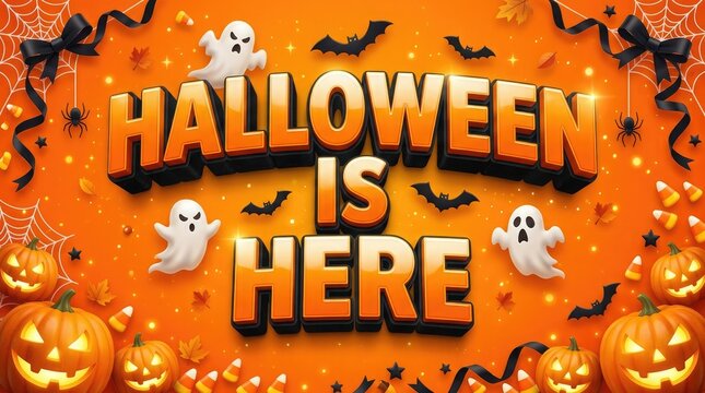 Halloween is here festive typography with ghosts bats and jack o lanterns