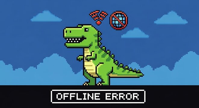 Offline Error Dinosaur Pixelated Illustration Blue Sky Background.