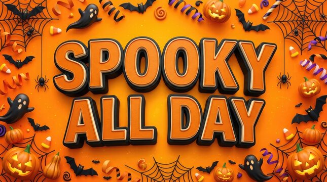 Spooky all day halloween text surrounded by pumpkins and flying bats