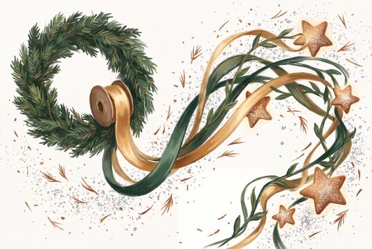 Evergreen Wreath Ribbon Roll Dissolving into Pine Green Gold Ribbons